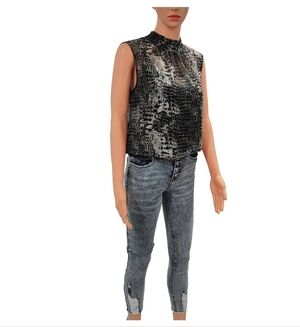 Sleeveless Mock Neck Animal Print Blouse